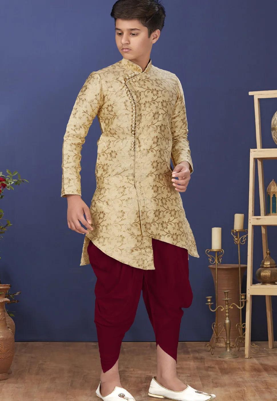 Woven Art Silk Jacquard Asymmetric Dhoti Sherwani in Beige