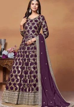 Woven Art Silk Jacquard Abaya Style Suit in Purple