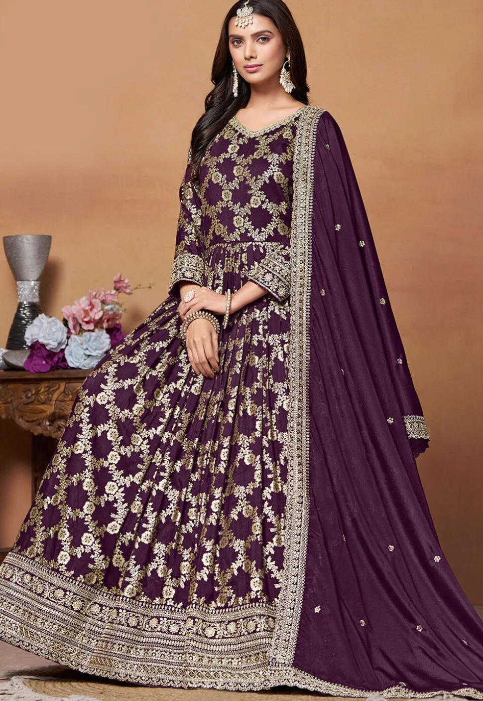 Woven Art Silk Jacquard Abaya Style Suit in Purple