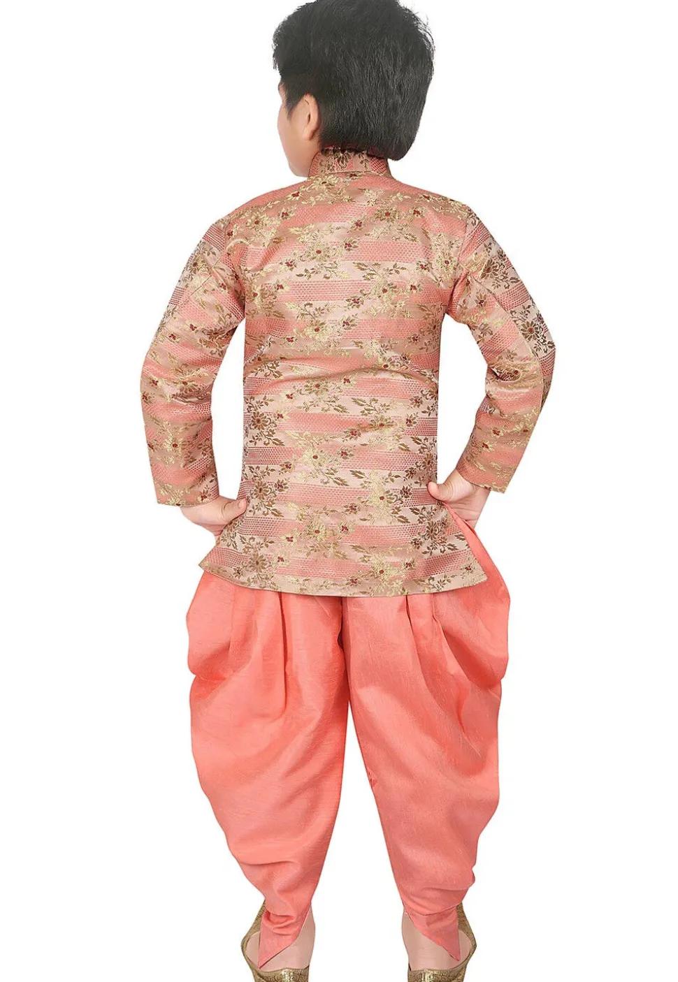 Woven Art Silk Jacquard Asymmetric Sherwani Set in Peach