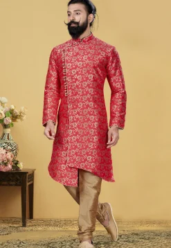 Woven Art Silk Jacquard Asymmetric Sherwani in Coral Pink