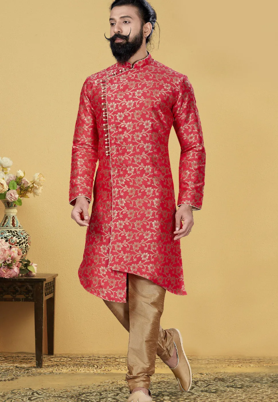 Woven Art Silk Jacquard Asymmetric Sherwani in Coral Pink