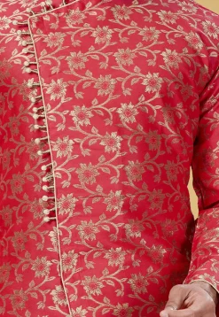 Woven Art Silk Jacquard Asymmetric Sherwani in Coral Pink