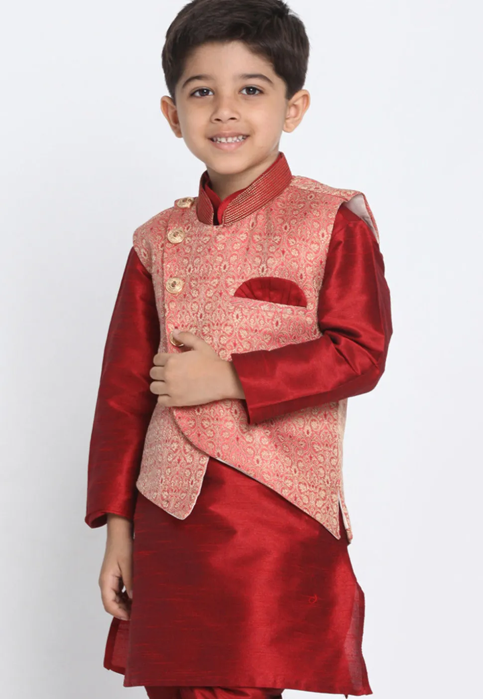 Woven Art Silk Jacquard Asymmetric Nehru Jacket in Pink