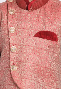 Woven Art Silk Jacquard Asymmetric Nehru Jacket in Pink
