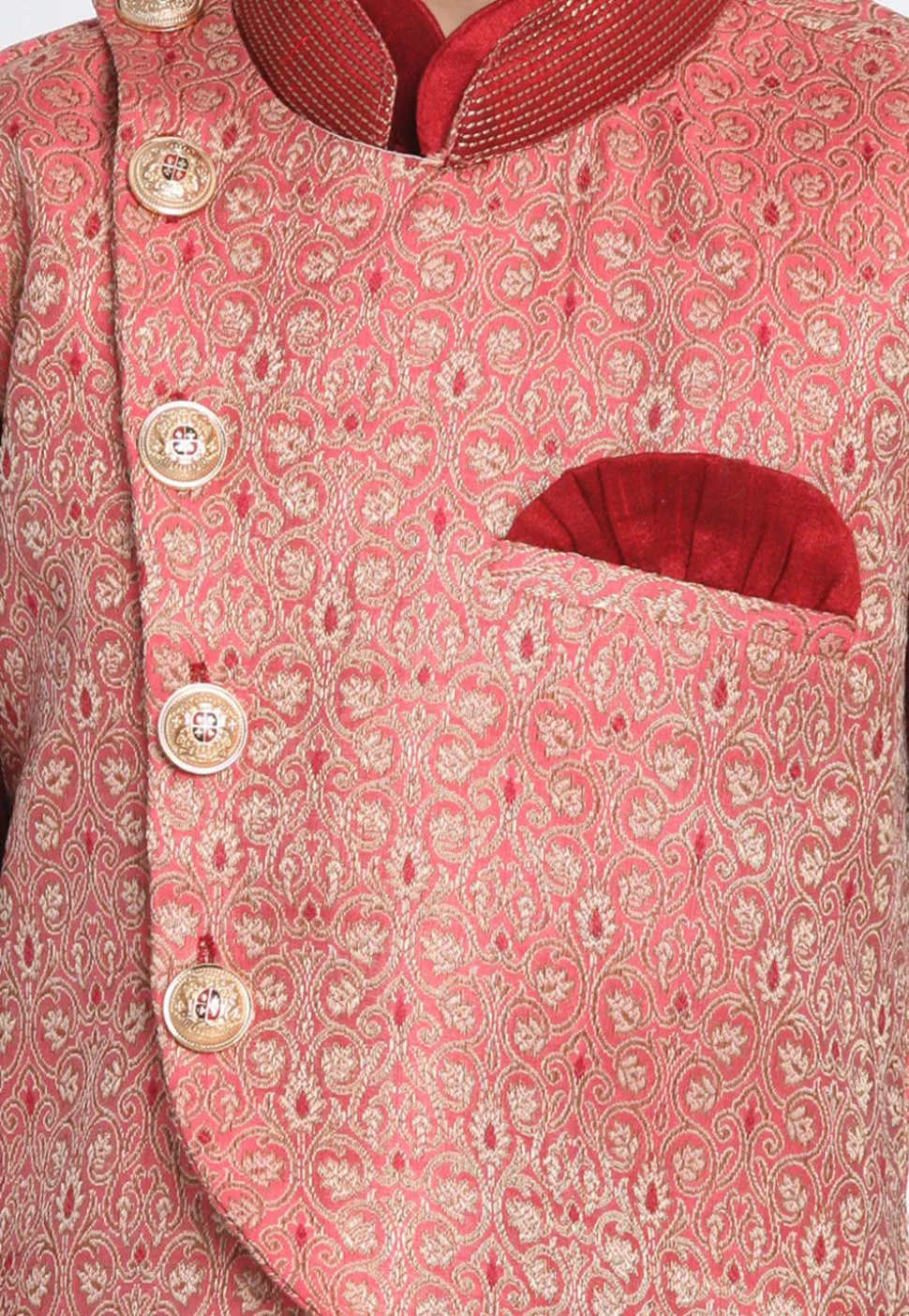 Woven Art Silk Jacquard Asymmetric Nehru Jacket in Pink