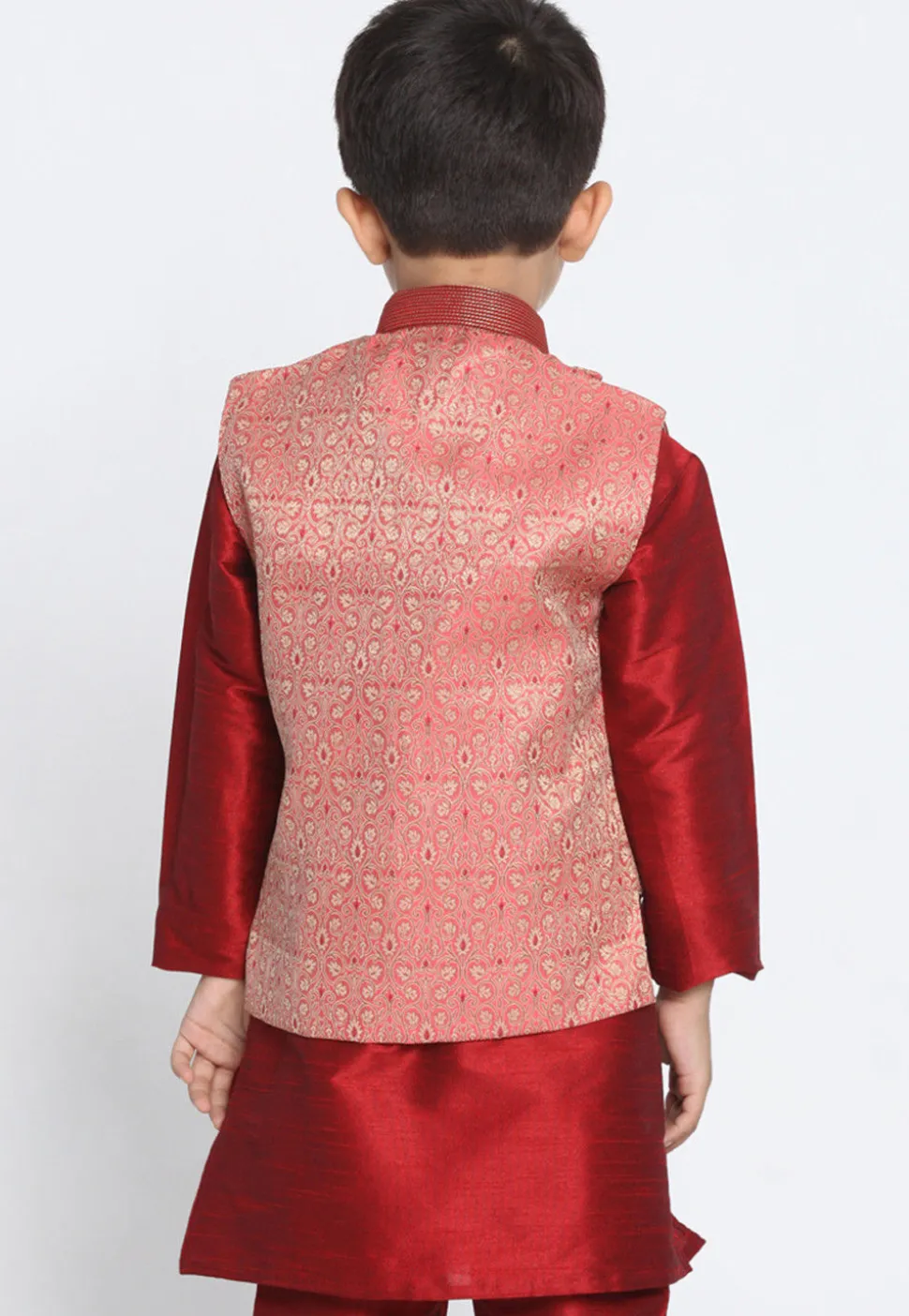 Woven Art Silk Jacquard Asymmetric Nehru Jacket in Pink