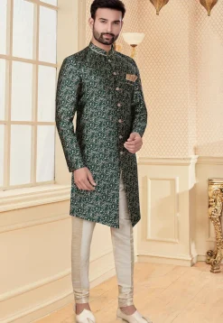 Woven Art Silk Jacquard Asymmetric Sherwani in Dark Green