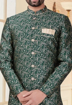 Woven Art Silk Jacquard Asymmetric Sherwani in Dark Green