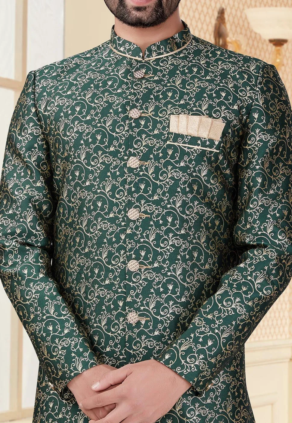 Woven Art Silk Jacquard Asymmetric Sherwani in Dark Green