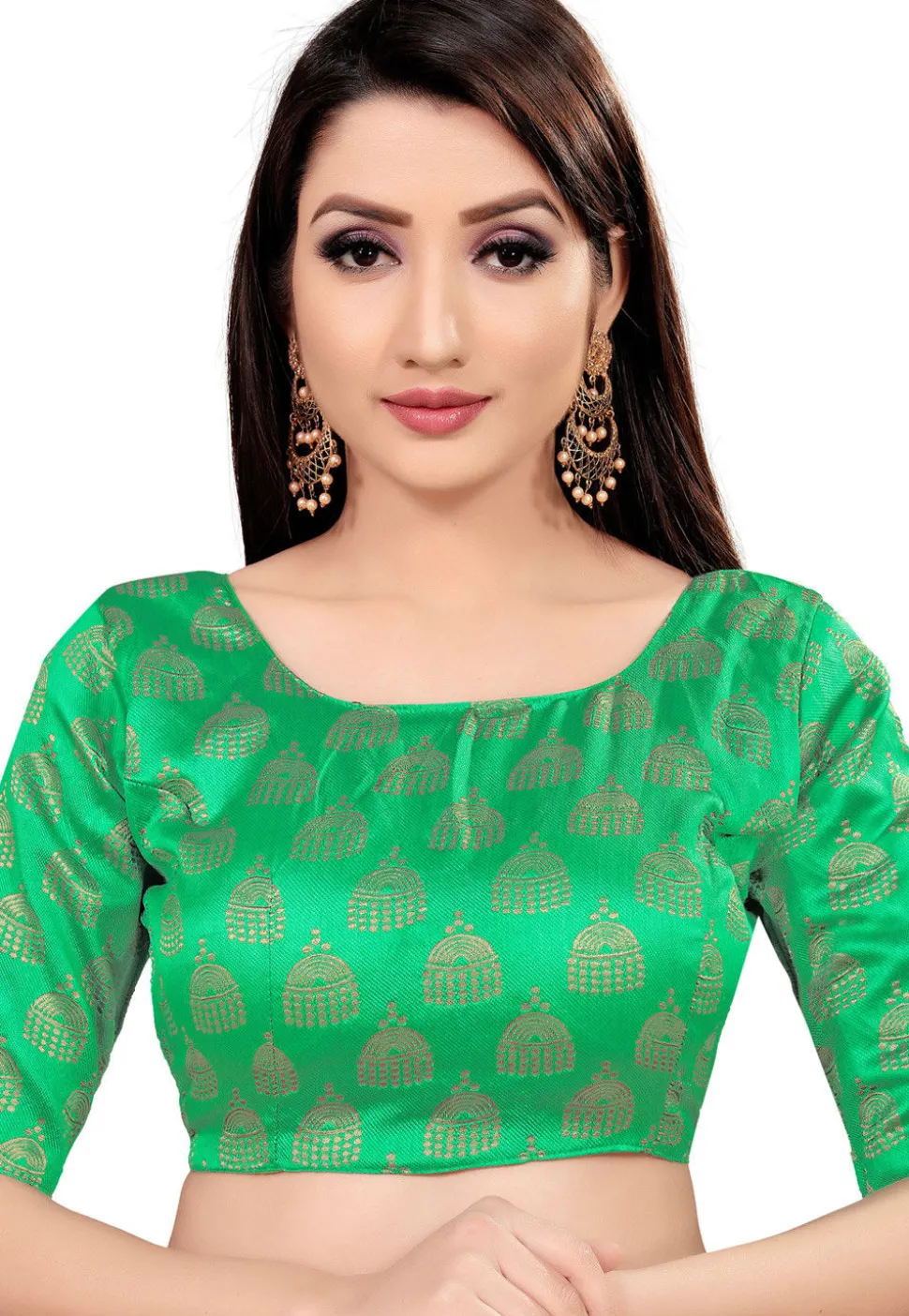 Woven Art Silk Jacquard Blouse in Green