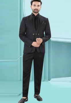 Woven Art Silk Jacquard Blazer in Black