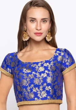 Woven Art Silk Jacquard Blouse in Royal Blue