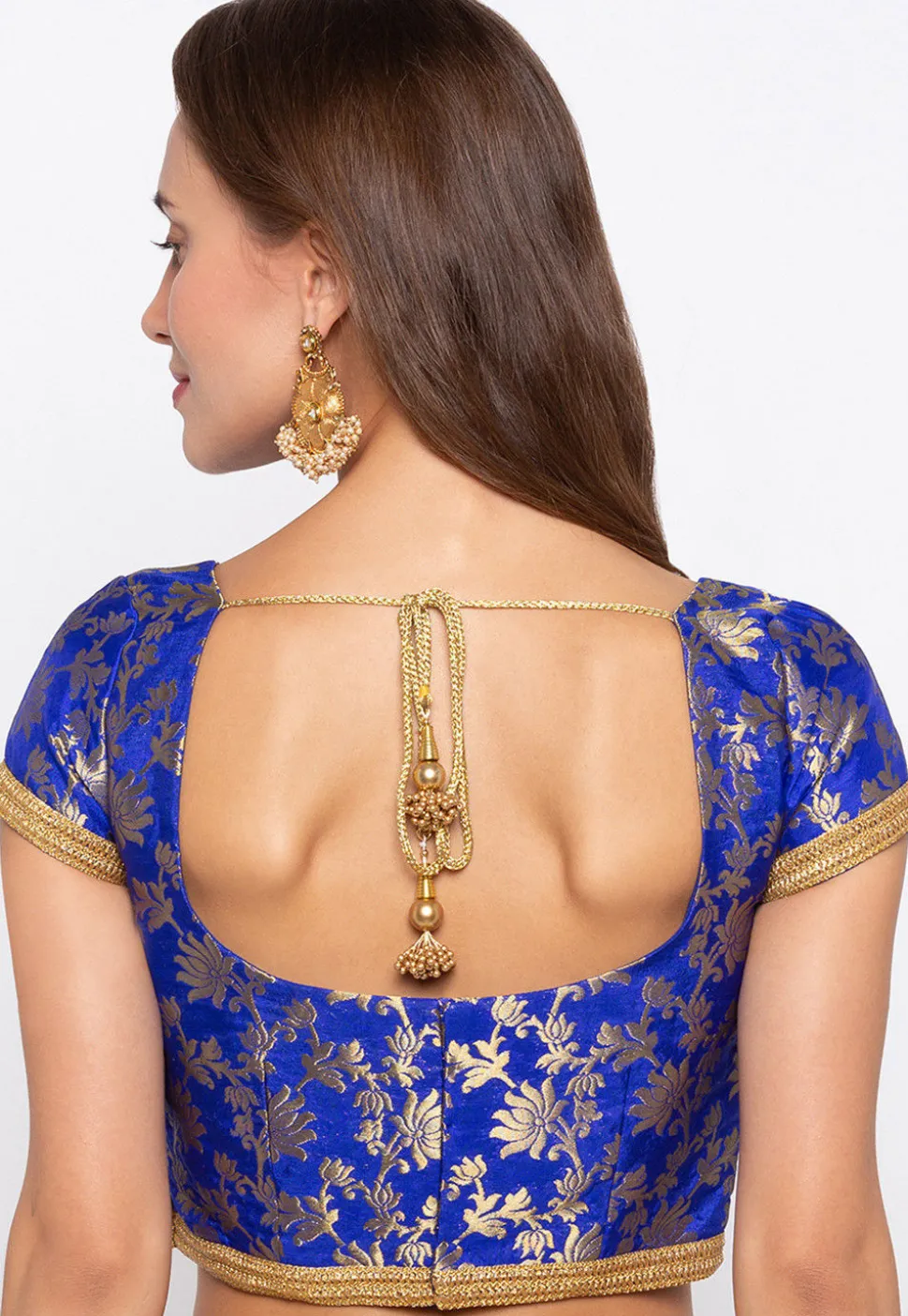 Woven Art Silk Jacquard Blouse in Royal Blue