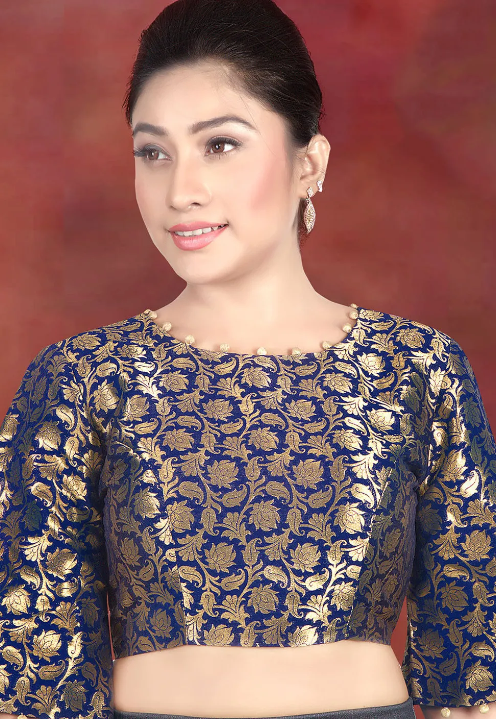 Woven Art Silk Jacquard Blouse in Dark Blue