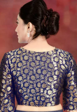 Woven Art Silk Jacquard Blouse in Dark Blue