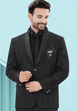 Woven Art Silk Jacquard Blazer in Black
