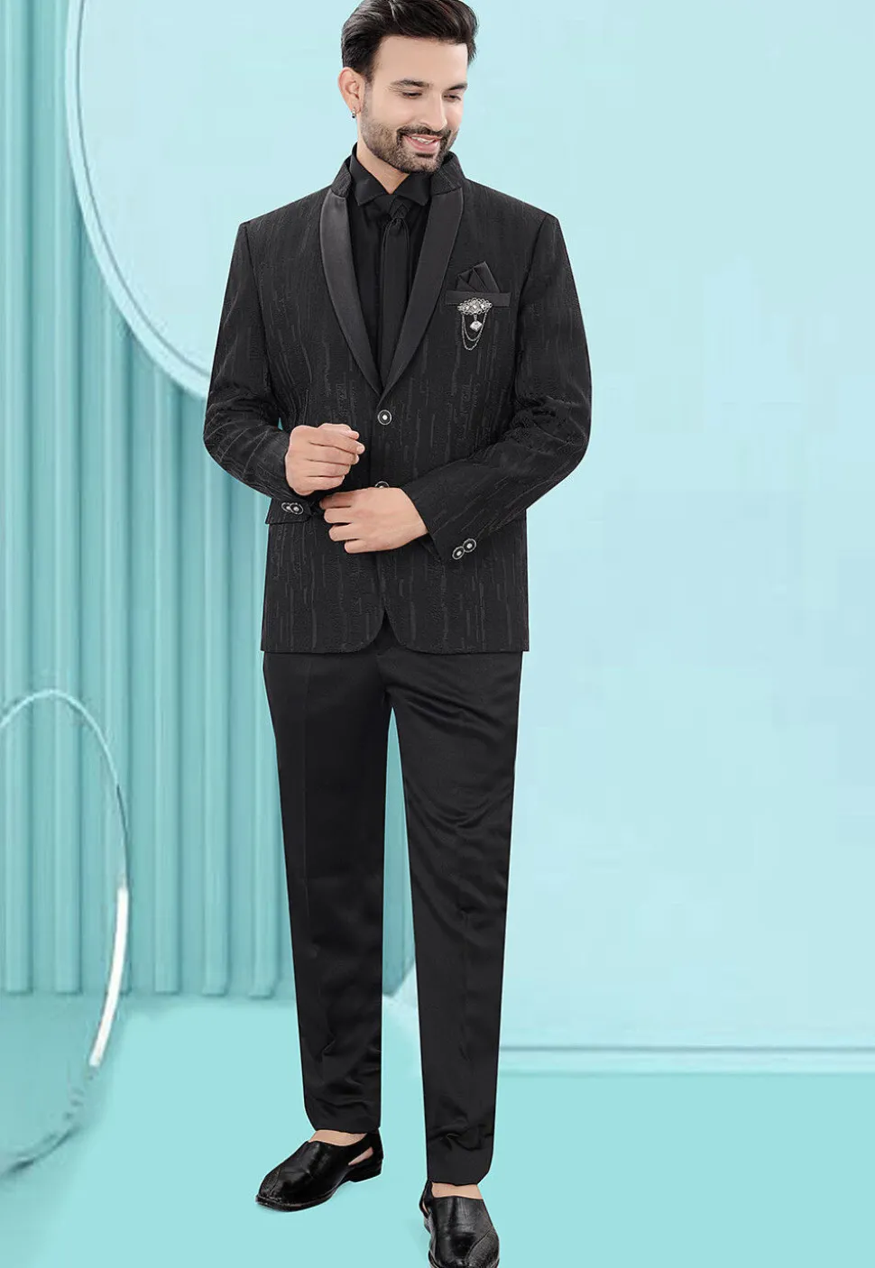 Woven Art Silk Jacquard Blazer in Black