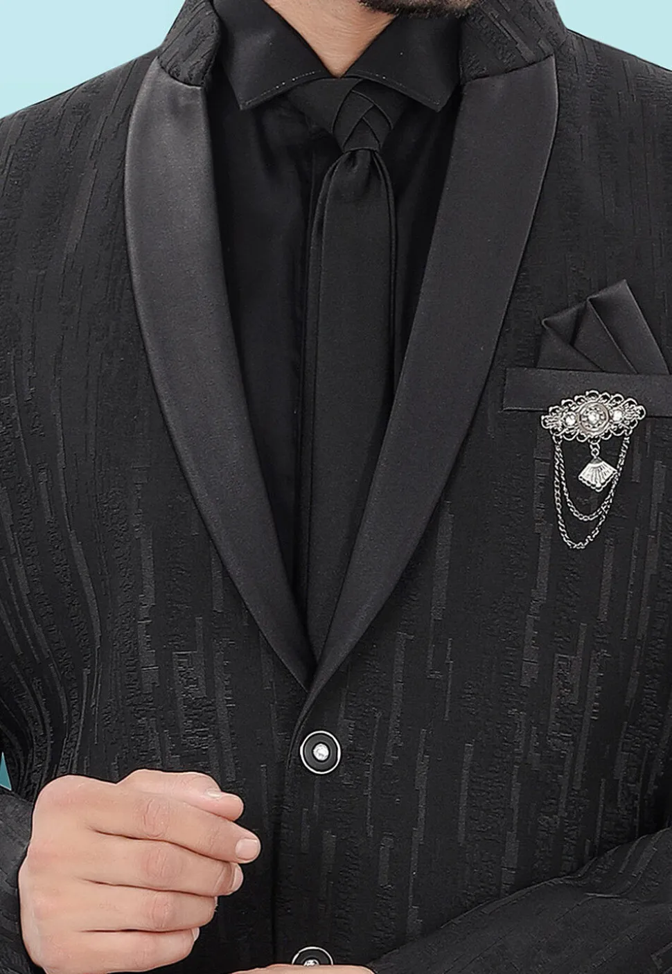 Woven Art Silk Jacquard Blazer in Black