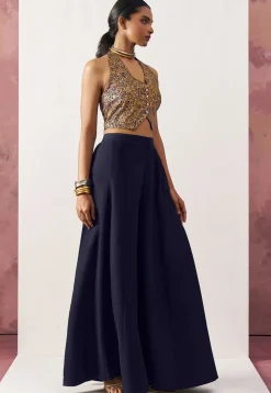 Woven Art Silk Jacquard Crop Top Set in Navy Blue and Golden