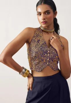 Woven Art Silk Jacquard Crop Top Set in Navy Blue and Golden