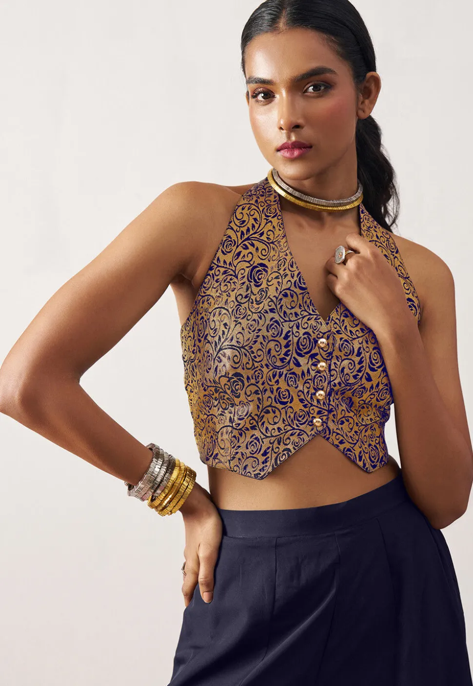 Woven Art Silk Jacquard Crop Top Set in Navy Blue and Golden