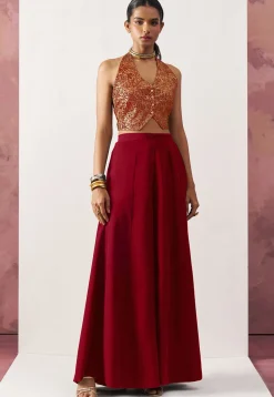 Woven Art Silk Jacquard Crop Top Set in Red and Golden
