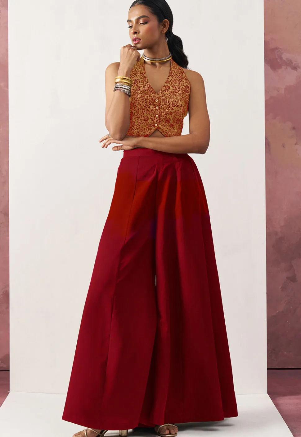 Woven Art Silk Jacquard Crop Top Set in Red and Golden
