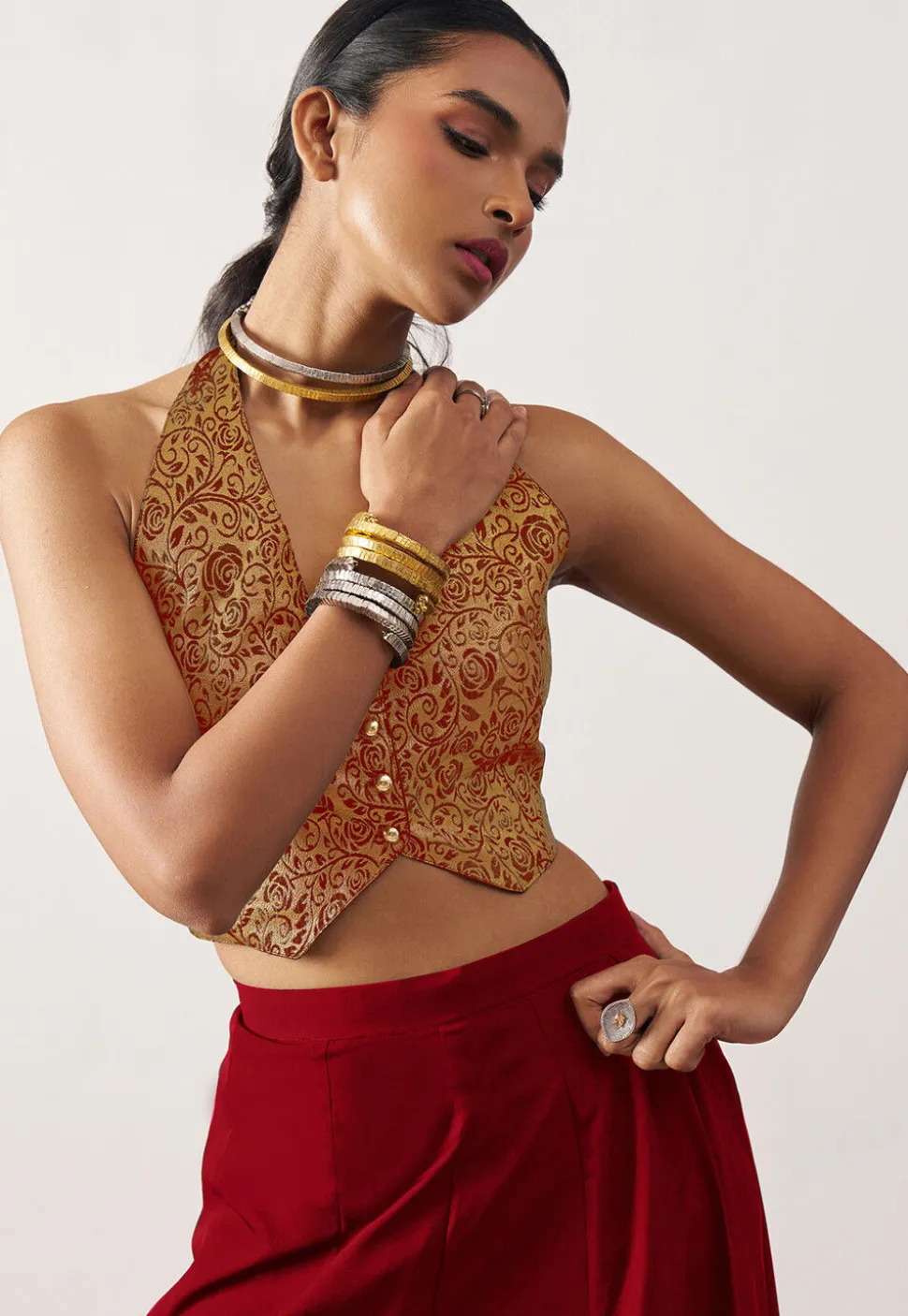 Woven Art Silk Jacquard Crop Top Set in Red and Golden