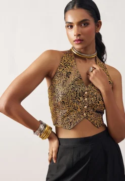 Woven Art Silk Jacquard Crop Top Set in Black and Golden