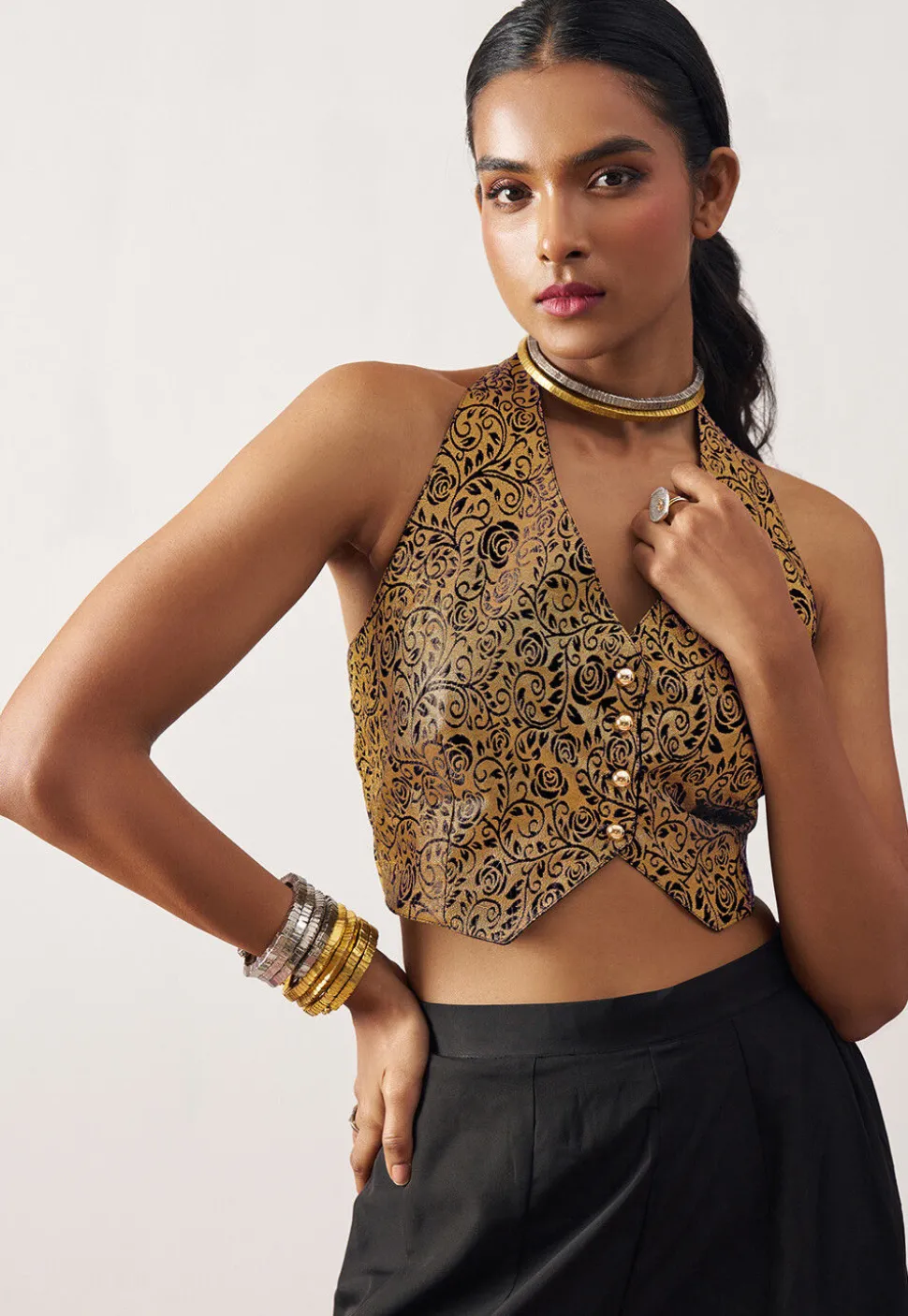 Woven Art Silk Jacquard Crop Top Set in Black and Golden