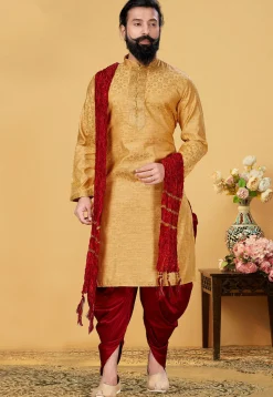 Woven Art Silk Jacquard Dhoti Kurta in Mustard