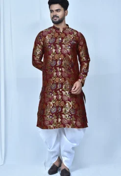 Woven Art Silk Jacquard Dhoti Kurta in Maroon