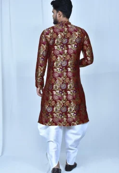 Woven Art Silk Jacquard Dhoti Kurta in Maroon