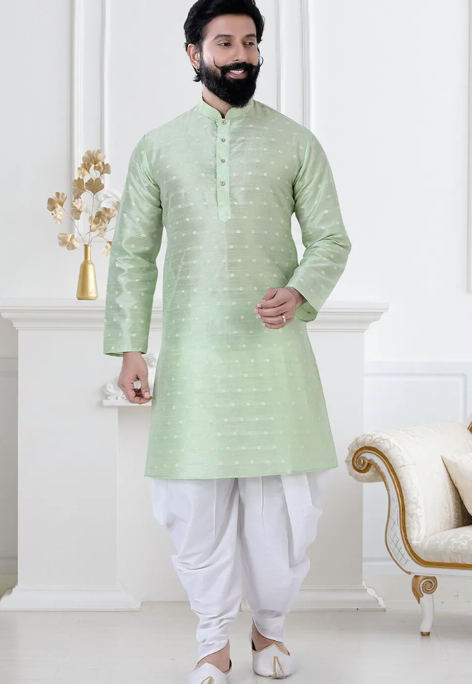 Woven Art Silk Jacquard Dhoti Kurta in Pastel Green