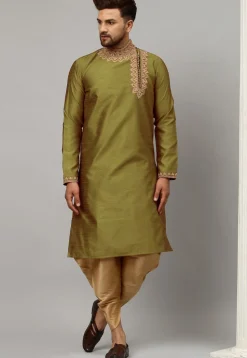 Woven Art Silk Jacquard Dhoti Kurta in Olive Green