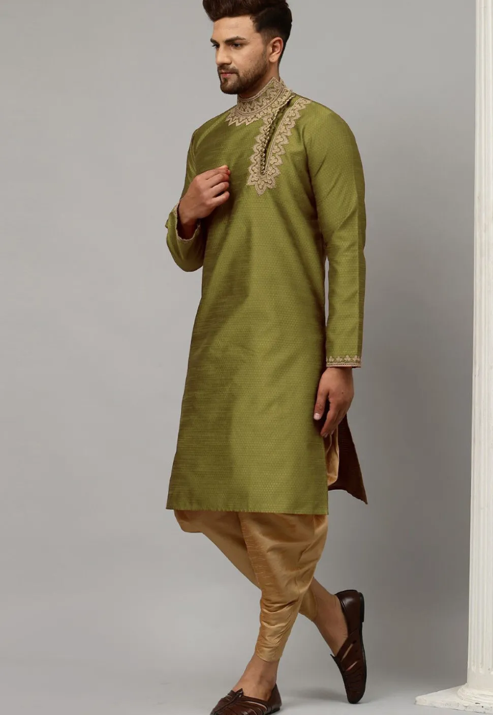 Woven Art Silk Jacquard Dhoti Kurta in Olive Green