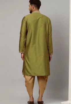 Woven Art Silk Jacquard Dhoti Kurta in Olive Green