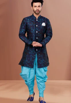Woven Art Silk Jacquard Dhoti Sherwani in Navy Blue