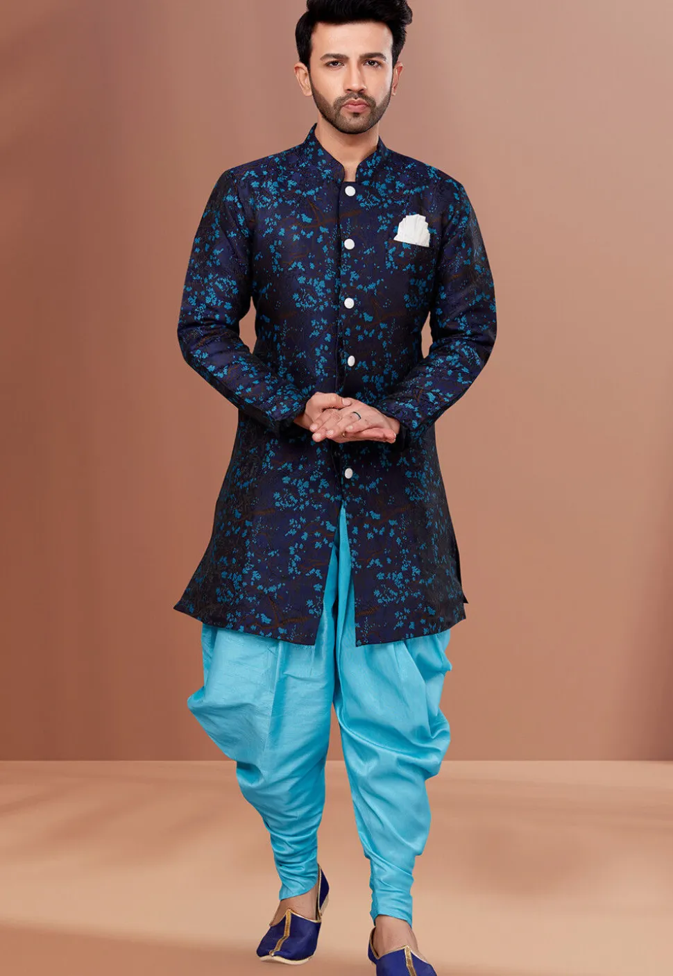 Woven Art Silk Jacquard Dhoti Sherwani in Navy Blue