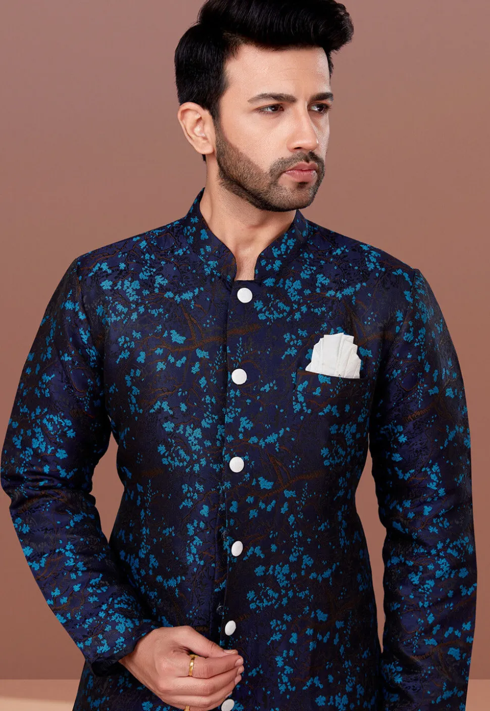 Woven Art Silk Jacquard Dhoti Sherwani in Navy Blue