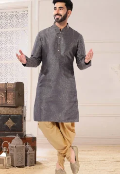 Woven Art Silk Jacquard Dhoti Kurta in Grey