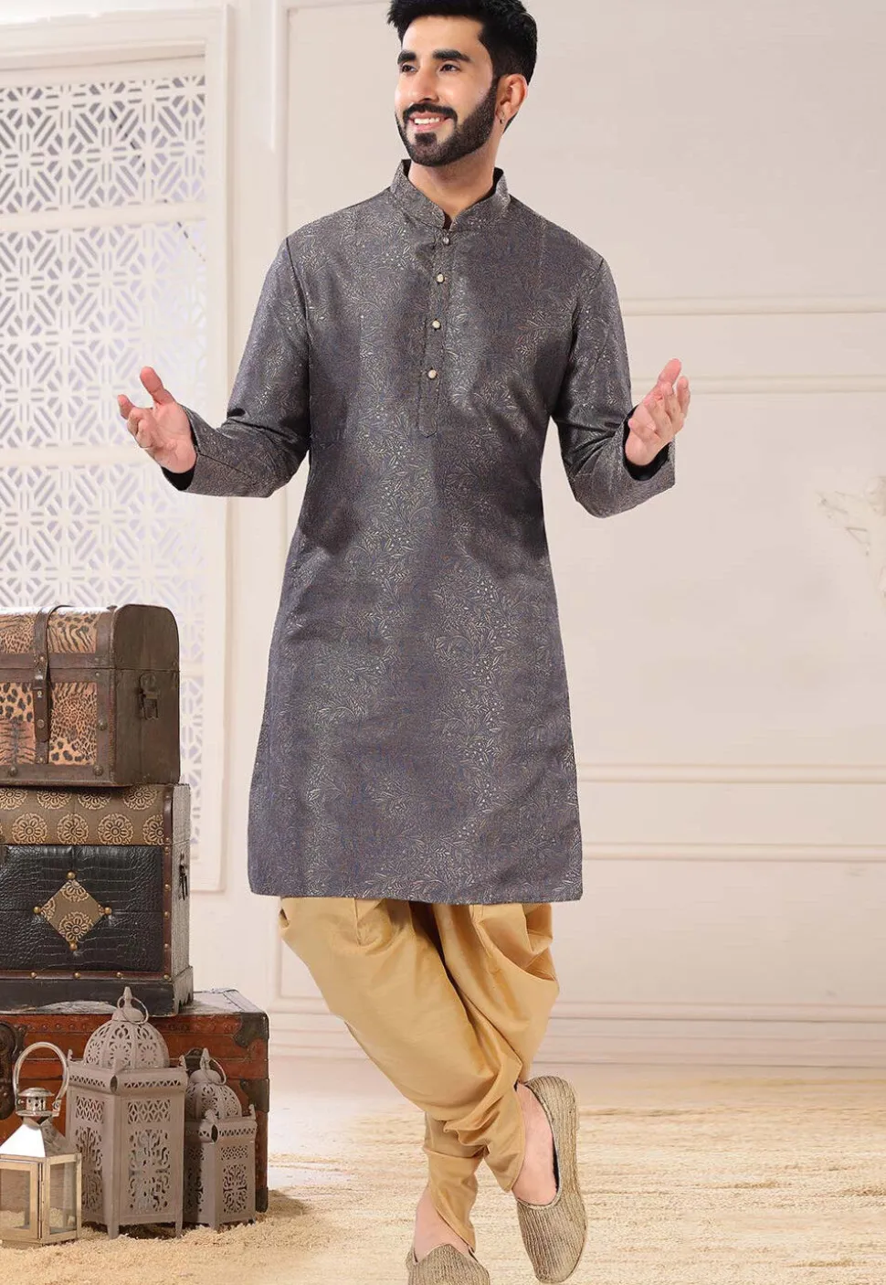 Woven Art Silk Jacquard Dhoti Kurta in Grey
