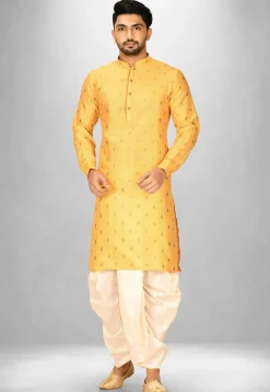 Woven Art Silk Jacquard Dhoti Kurta in Mustard