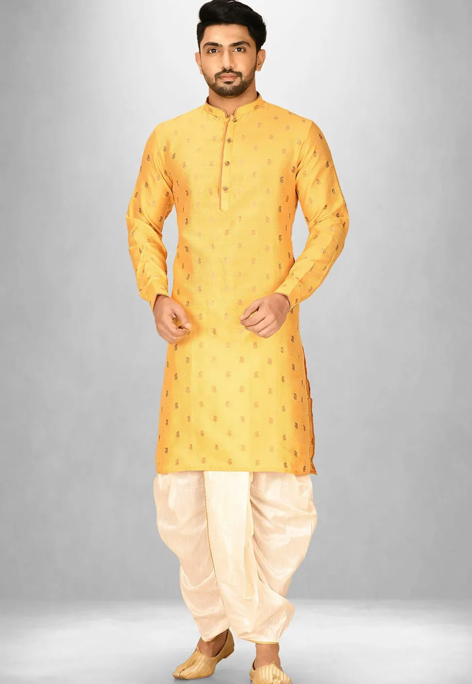 Woven Art Silk Jacquard Dhoti Kurta in Mustard