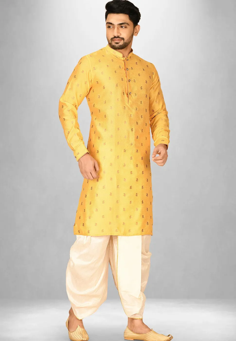 Woven Art Silk Jacquard Dhoti Kurta in Mustard
