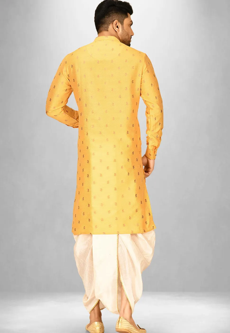 Woven Art Silk Jacquard Dhoti Kurta in Mustard