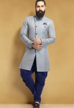 Woven Art Silk Jacquard Dhoti Sherwani in Grey