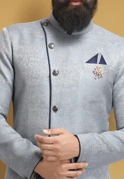 Woven Art Silk Jacquard Dhoti Sherwani in Grey