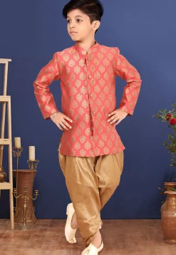 Woven Art Silk Jacquard Dhoti Sherwani in Coral Pink